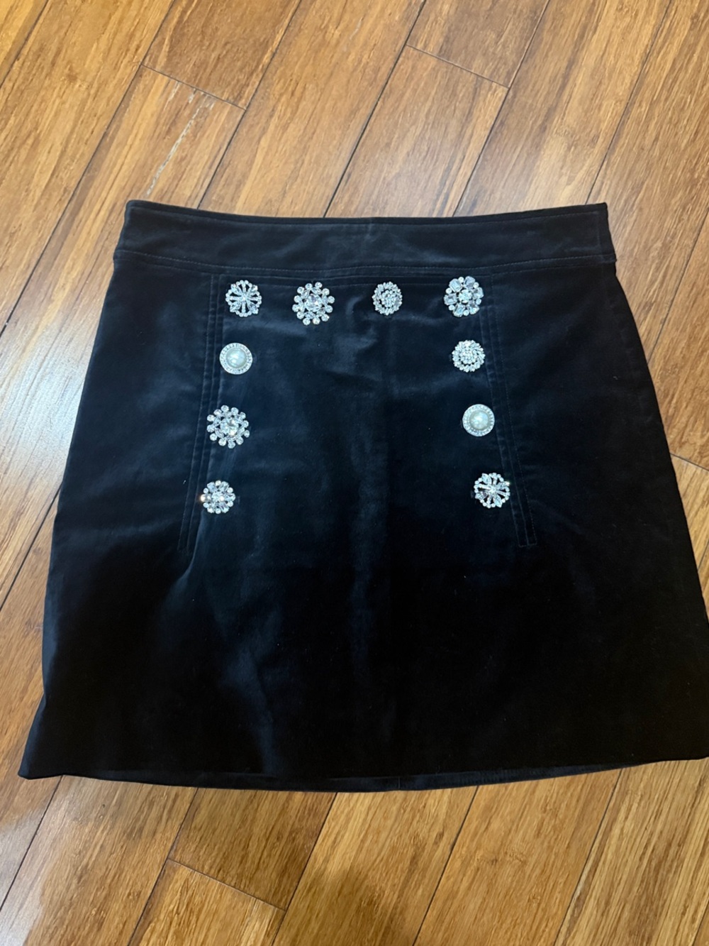 Veronica Beard Black velvet Embellished Mini Skirt with Jeweled Buttons